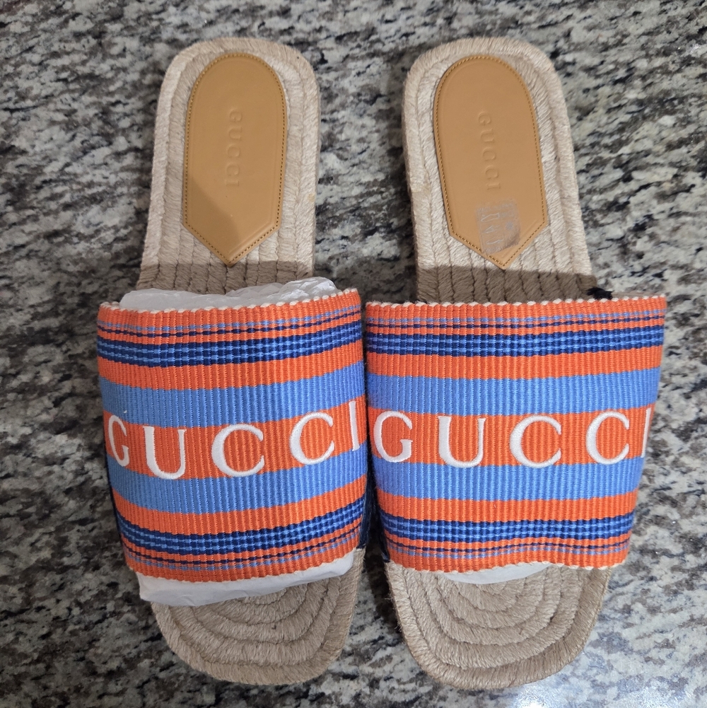 Gucci Orange and Blue Striped Logo Slides Size 11